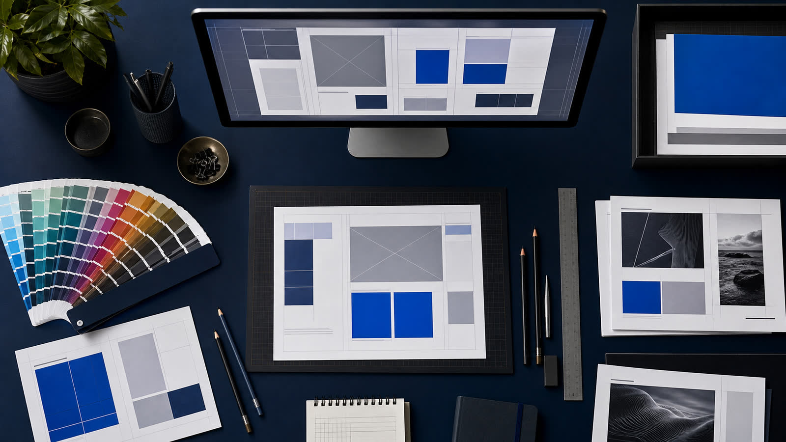 Postazione di progettazione grafica con schermo, campioni Pantone, matite e mockup
