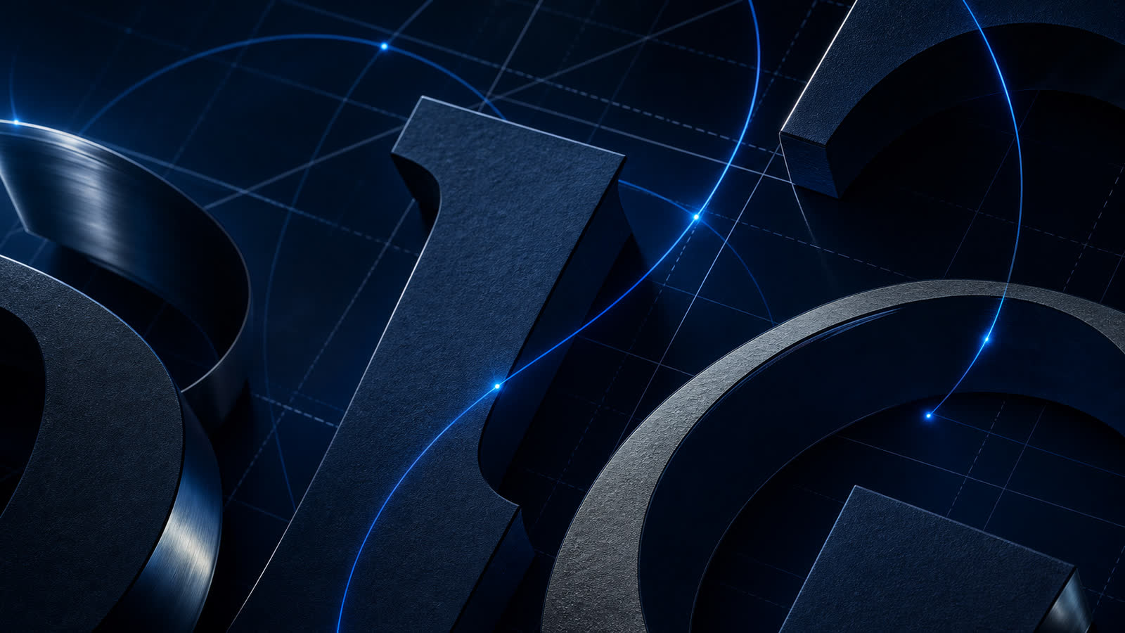 Composizione tipografica astratta con griglia di progetto e curve bezier su fondo navy