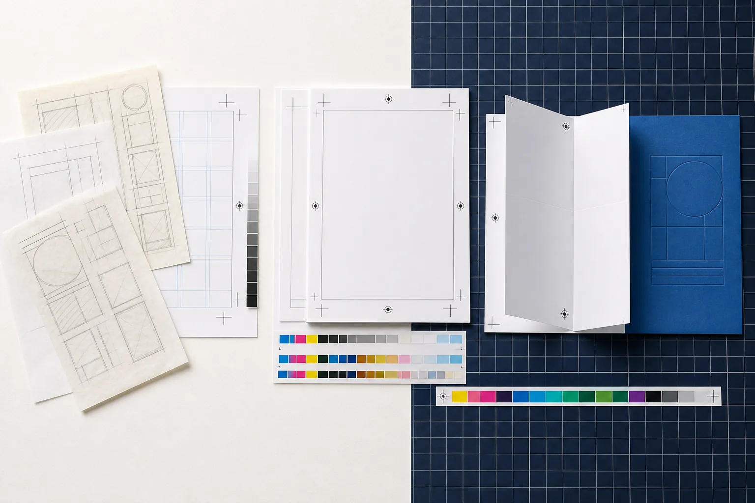 Schizzi, griglie, prove colore, fogli con crocini e mockup piegato pronti per la stampa