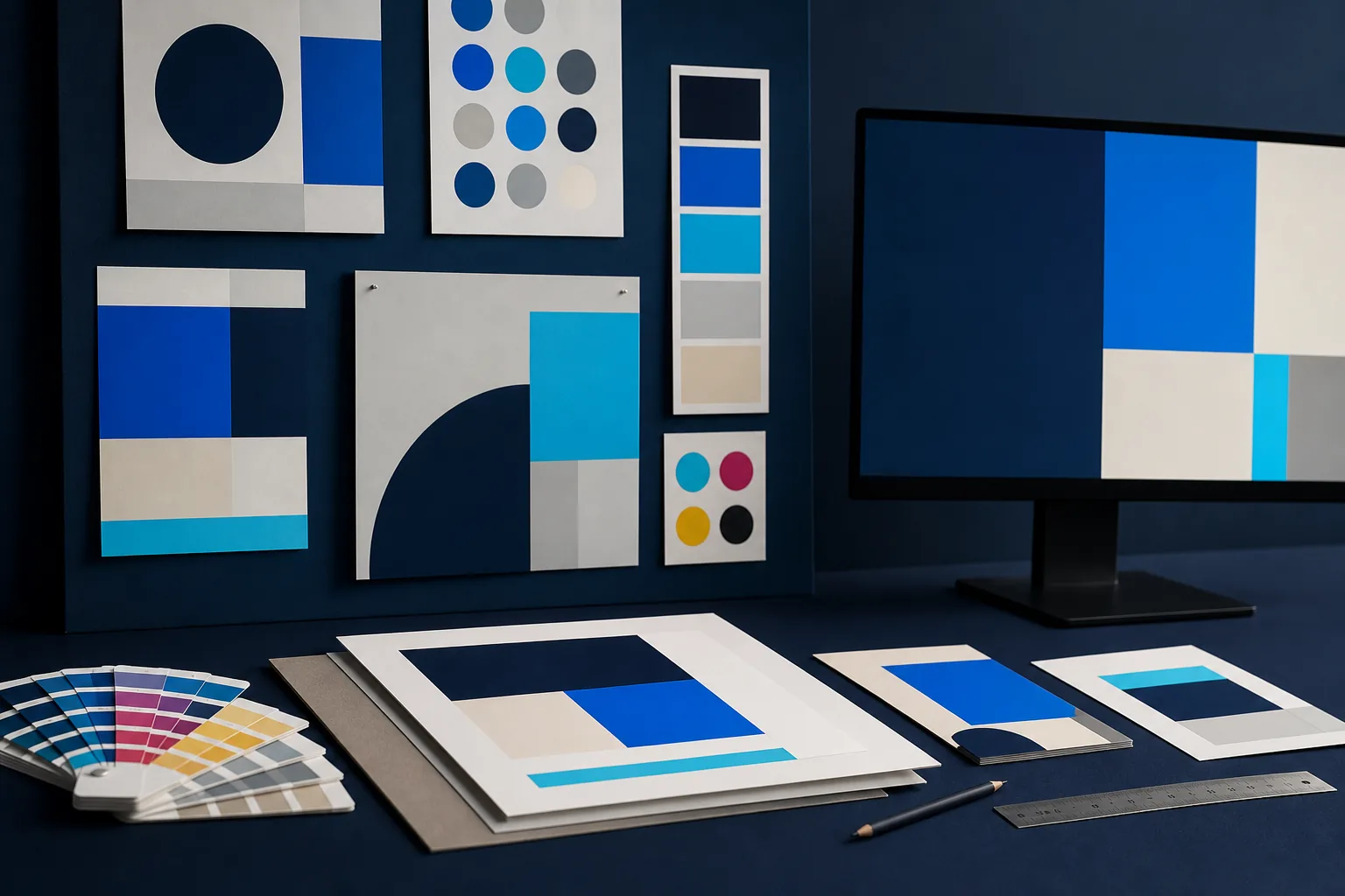 Studio grafico con tavole astratte, campioni colore, prove su carta e monitor