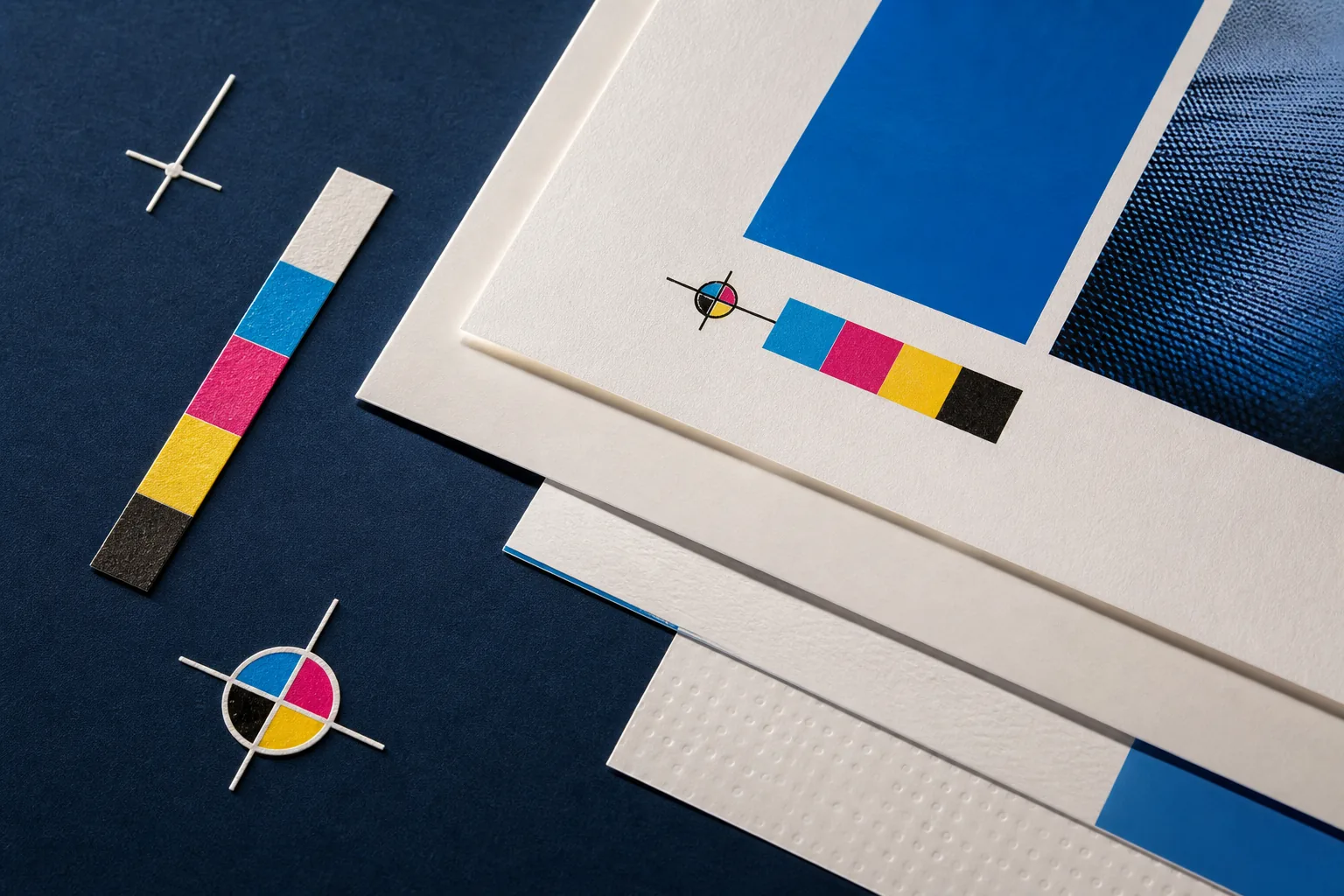 Campioni di carte pregiate con tacche di registro e prove colore CMYK