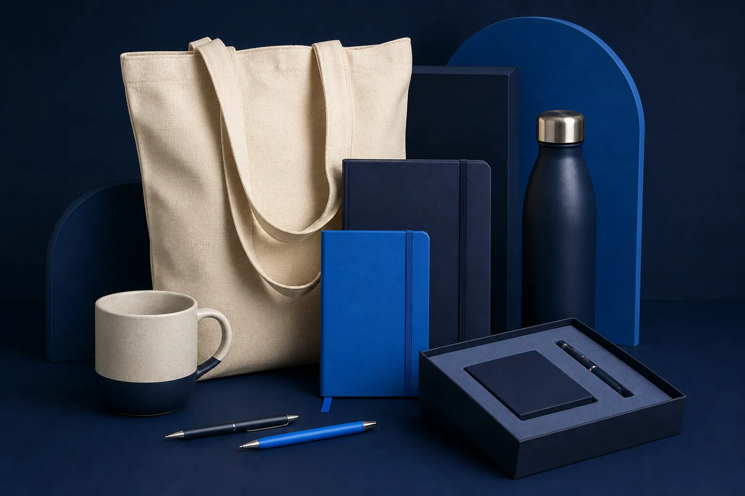 Welcome kit coordinato con tote bag, quaderni, tazza, borraccia, penne e confezione