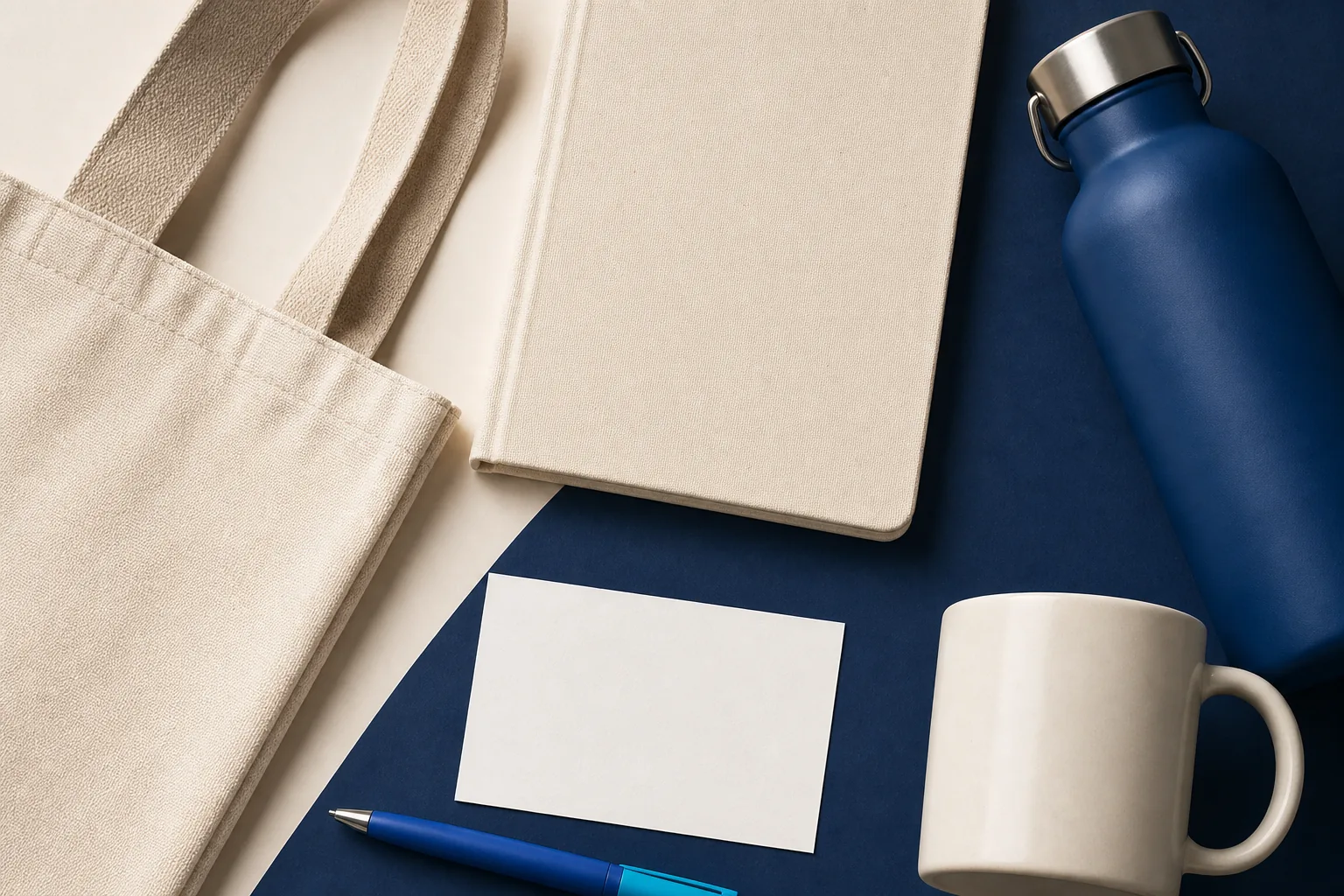 Dettagli coordinati di tela, quaderno, borraccia, tazza, card e penna