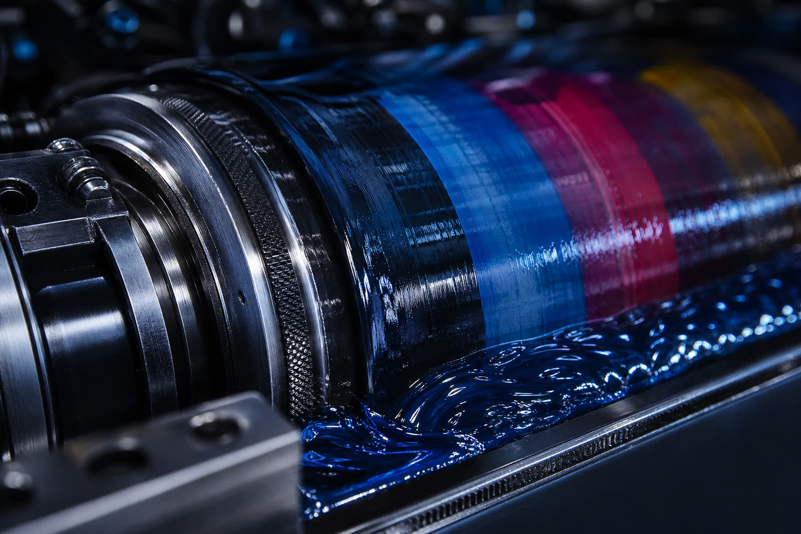 Macro di un cilindro di stampa offset con inchiostro lucido