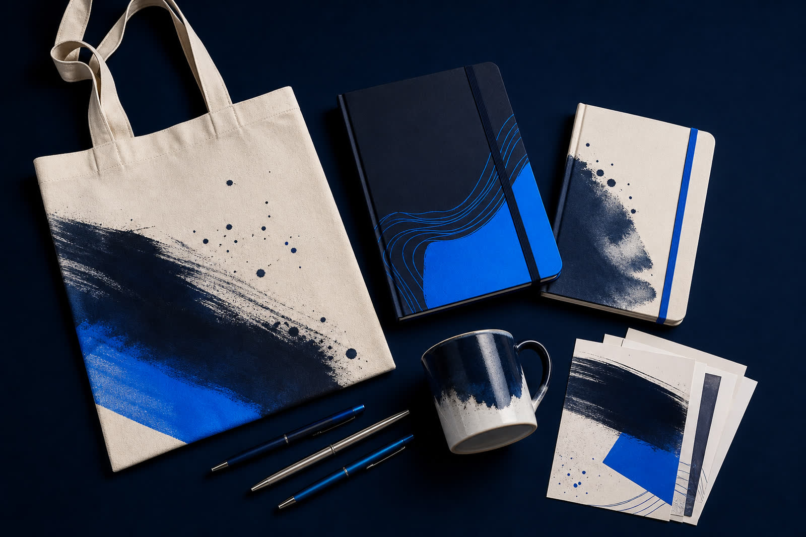 Composizione dall'alto di articoli promozionali brandizzati: tote bag, quaderni, penne, tazza e cartoline