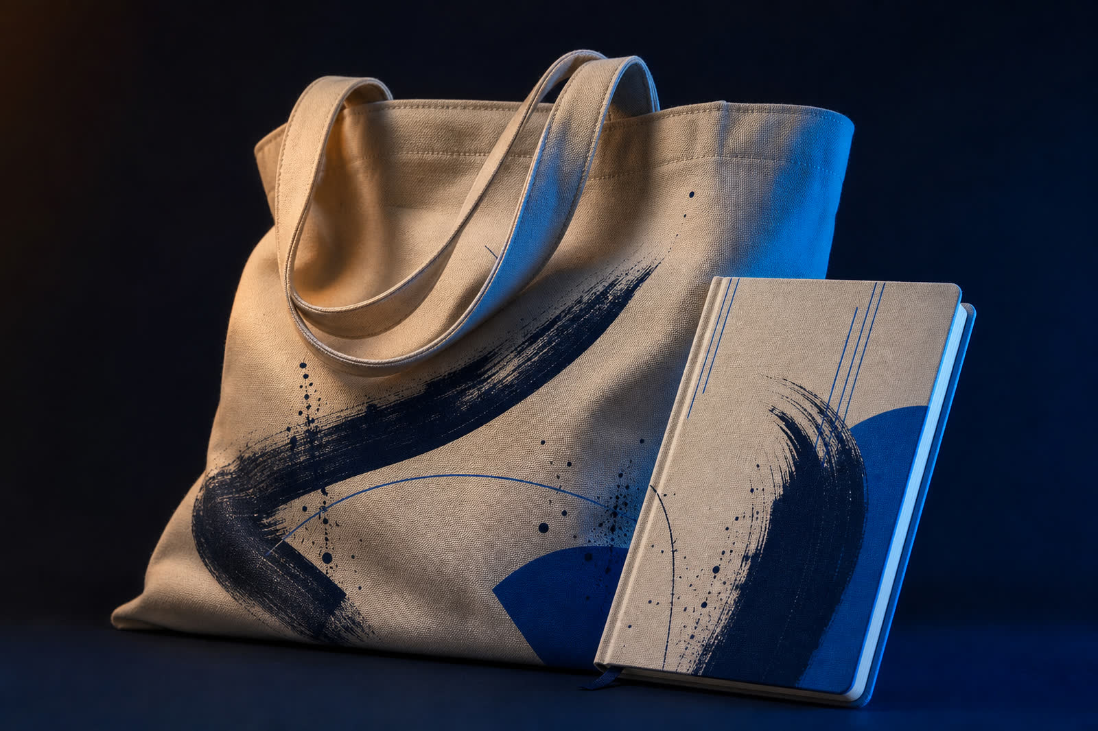 Tote bag di tela e quaderno premium personalizzati con grafica blu su fondo navy