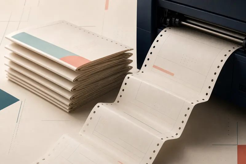 Moduli fanfold piegati accanto al sistema di stampa