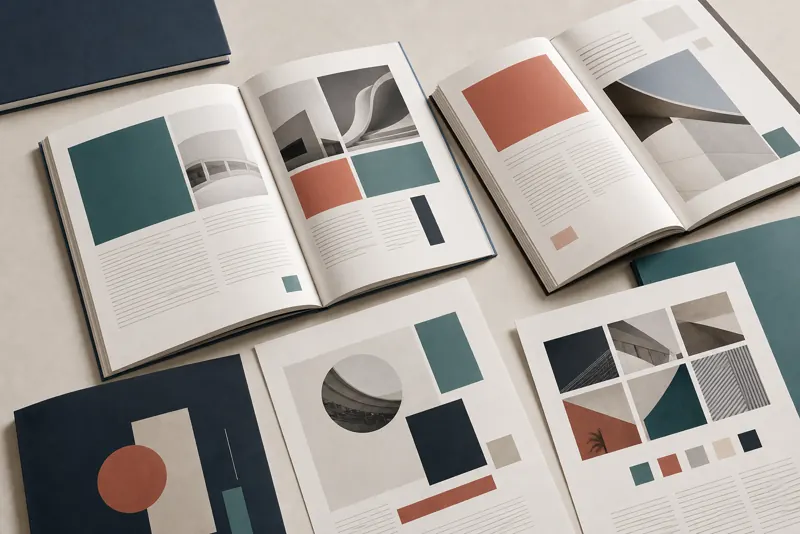 Cataloghi aperti e fogli editoriali con griglie modulari
