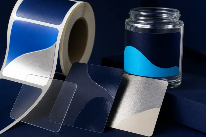 Etichette trasparenti con finiture lucide e metalliche