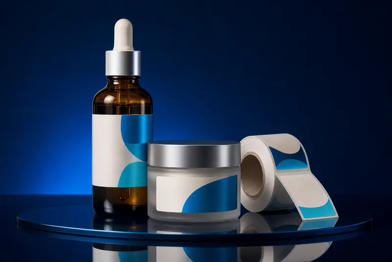 Flaconi cosmetici con etichette su piccoli formati