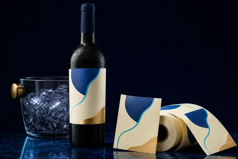 Bottiglia vino con etichetta premium e dettaglio metallico