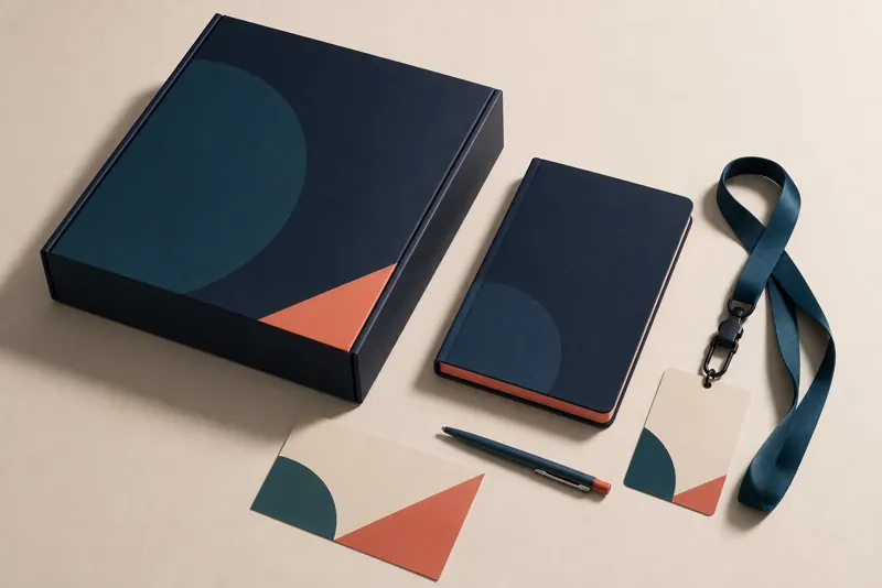 Welcome kit coordinato con box, notebook, card e lanyard