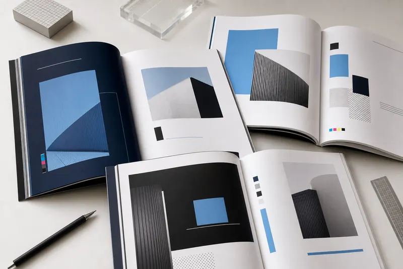 Cataloghi aperti e fogli editoriali con griglie modulari