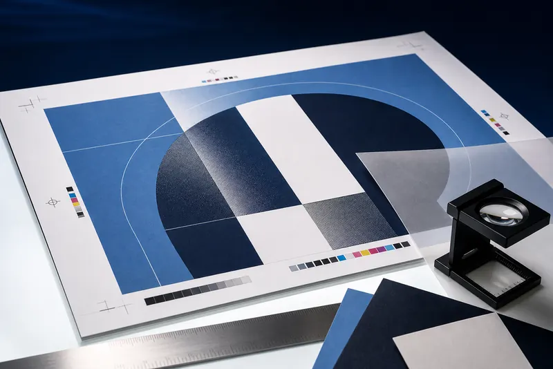 Prova colore con mire di registro e campioni di carta