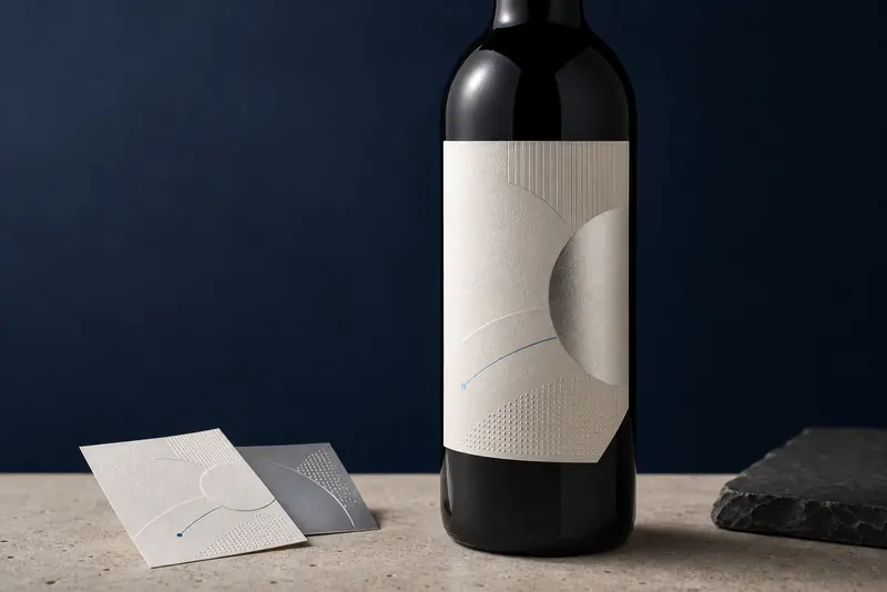 Bottiglia vino con etichetta premium e dettaglio metallico
