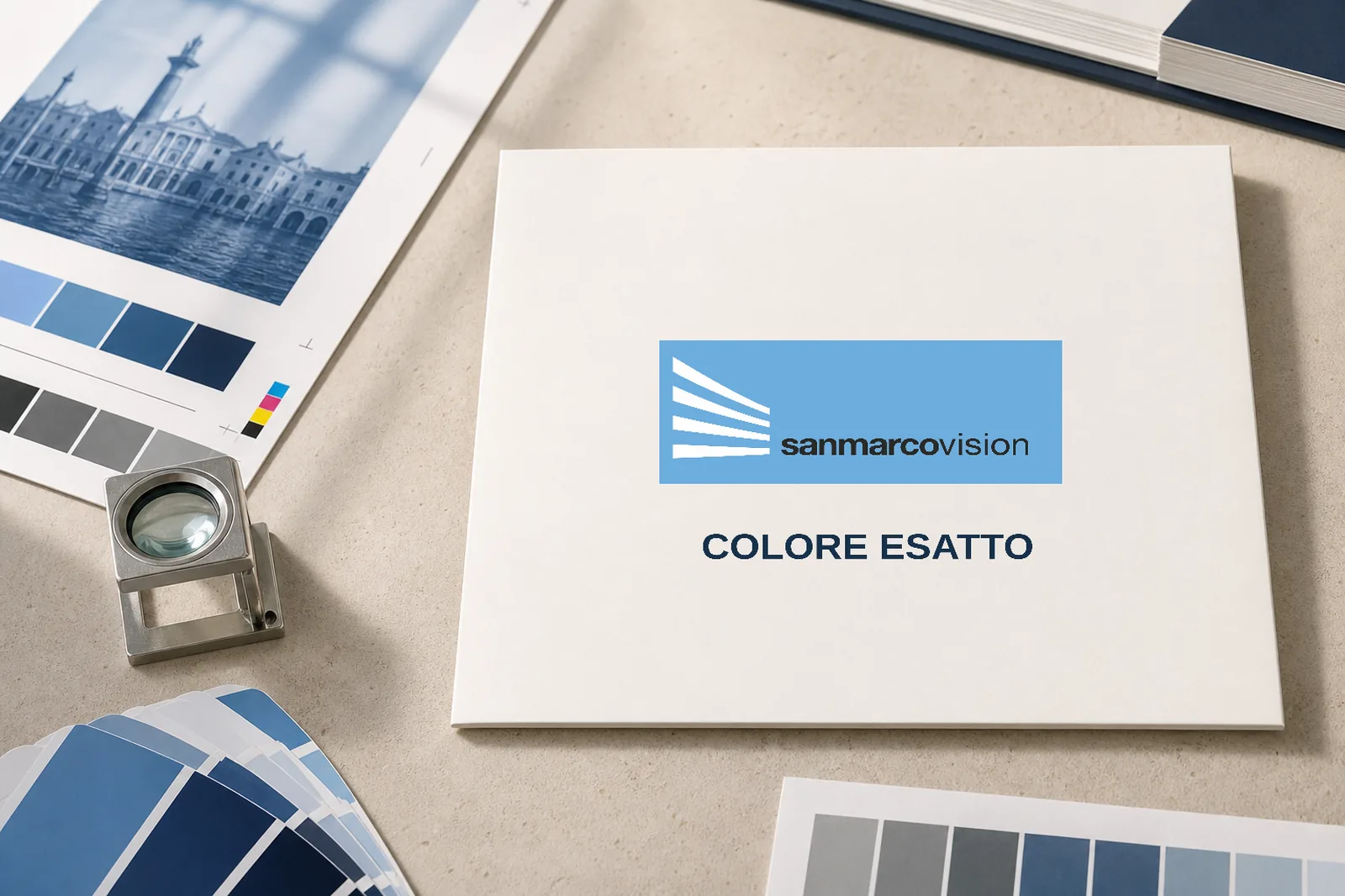 Prova colore e cartellina San Marco Vision con la dicitura Colore esatto