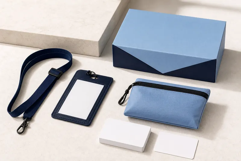 Welcome kit coordinato con box, notebook, card e lanyard