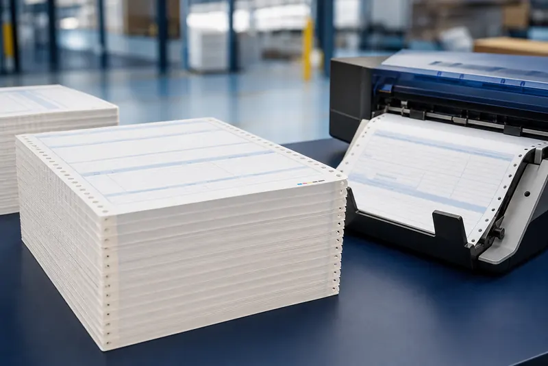 Moduli DDT piegati a fanfold accanto al sistema di stampa