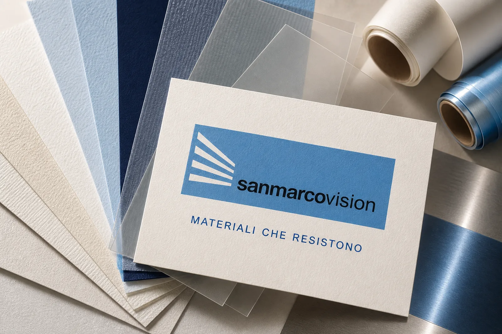 Campionario di materiali adesivi San Marco Vision con la dicitura Materiali che resistono